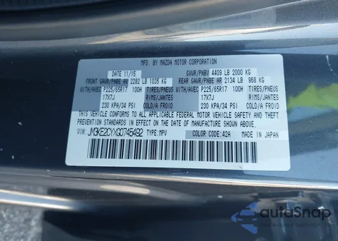 2016 Mazda Cx-5 Touring z USA, uszkodzony, nr VIN JM3KE2CYXG0745492